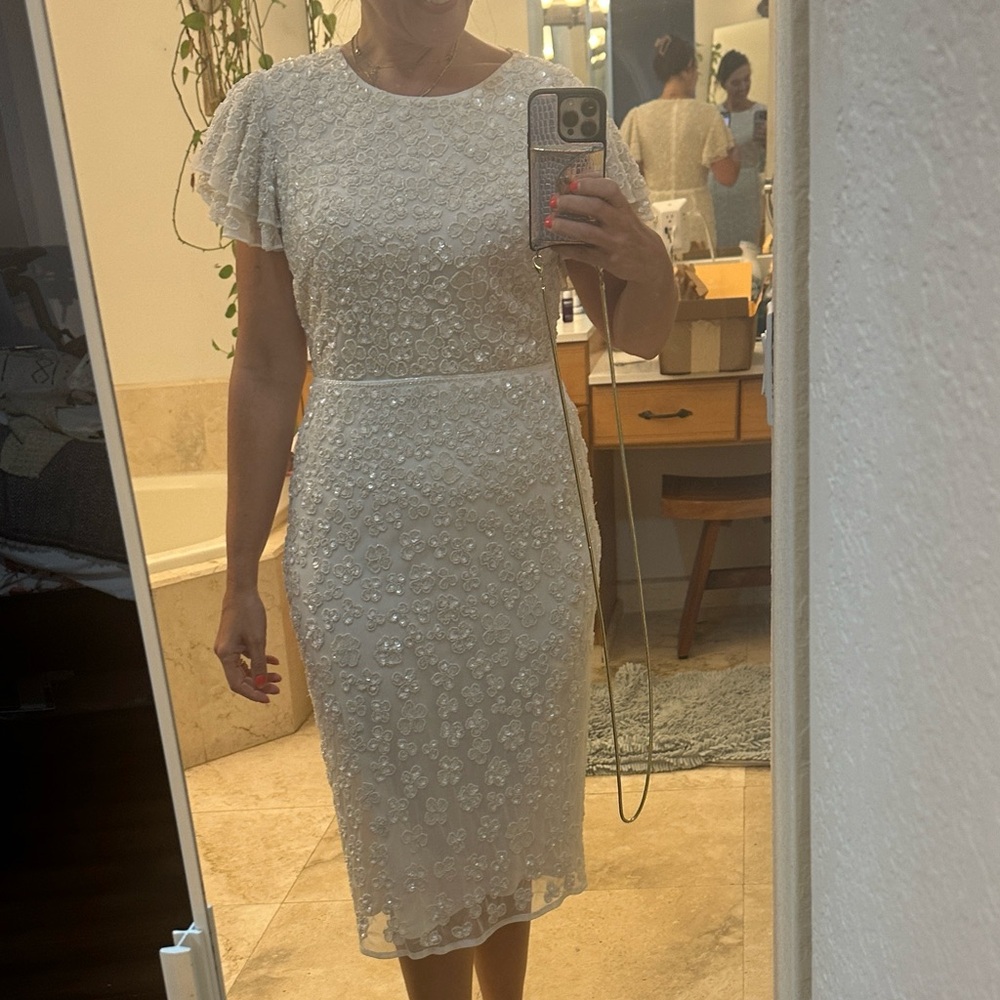 Mac Duggal Flounce Sleeve Beaded Midi Dress White Style 10827 Size 6 NWOT